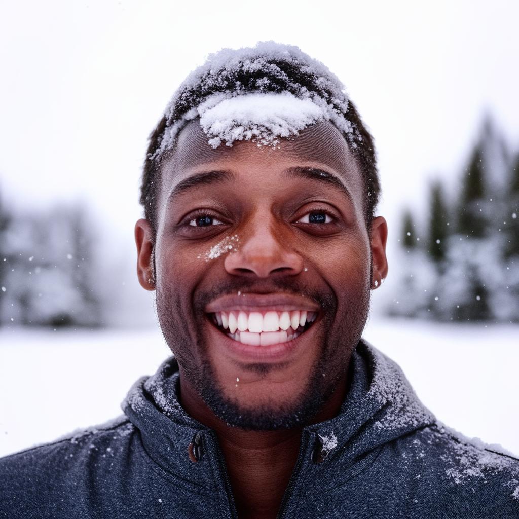 Portrait of a black man with snow lightly dusted on his face, displaying a mixture of surprise and joy.