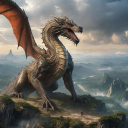 Gigantic majestic dragon towering over a diverse world landscape, signifying its dominance and rule.