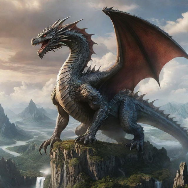 Gigantic majestic dragon towering over a diverse world landscape, signifying its dominance and rule.