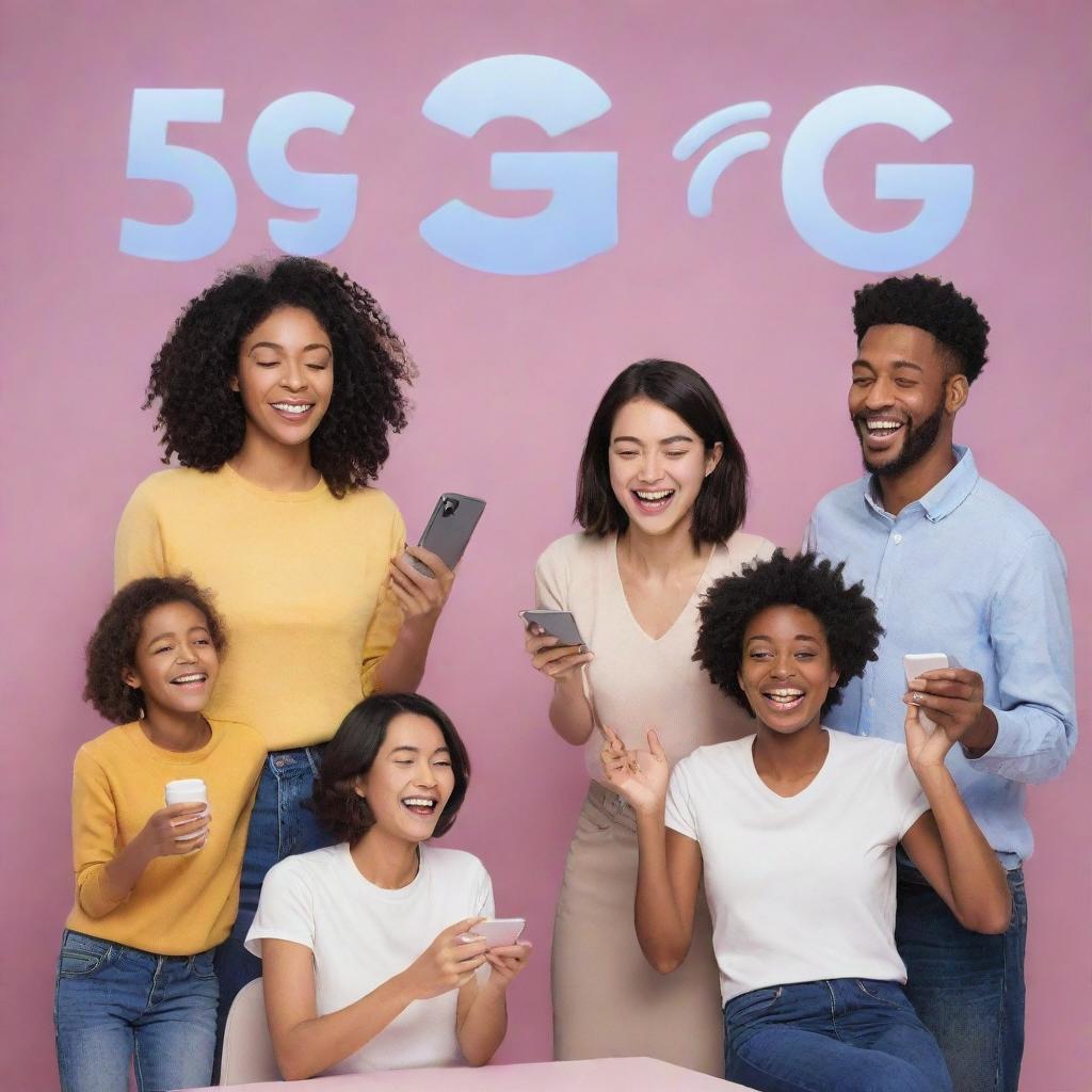 A lively scene of people using 5G services on their high-tech devices in various settings, expressing feelings of joy and satisfaction.