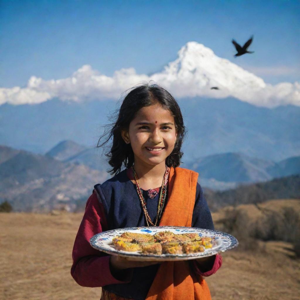 A girl from Kumaun, Uttrakhand, India, wearing traditional attire, celebrating Makar Sankranti. In the background, the sky is filled with crows, and she holds a plate adorned with Ghughute and Khajoor (traditional Indian sweets).