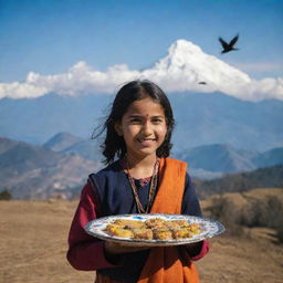 A girl from Kumaun, Uttrakhand, India, wearing traditional attire, celebrating Makar Sankranti. In the background, the sky is filled with crows, and she holds a plate adorned with Ghughute and Khajoor (traditional Indian sweets).