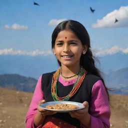 A girl from Kumaun, Uttrakhand, India, wearing traditional attire, celebrating Makar Sankranti. In the background, the sky is filled with crows, and she holds a plate adorned with Ghughute and Khajoor (traditional Indian sweets).