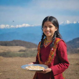 A girl from Kumaun, Uttrakhand, India, wearing traditional attire, celebrating Makar Sankranti. In the background, the sky is filled with crows, and she holds a plate adorned with Ghughute and Khajoor (traditional Indian sweets).