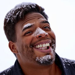 Portrait of a black man with snow lightly dusted on his face, displaying a mixture of surprise and joy.