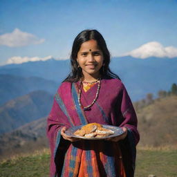 A girl from Kumaun, Uttrakhand, India, wearing traditional attire, celebrating Makar Sankranti. In the background, the sky is filled with crows, and she holds a plate adorned with Ghughute and Khajoor (traditional Indian sweets).