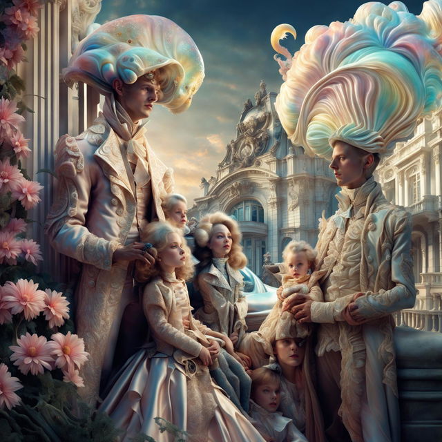 Hyper-realistic image of Rococo-styled aliens invading Earth, with a beautifully dressed family observing in awe.