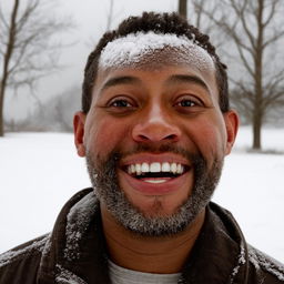 Portrait of a black man with snow lightly dusted on his face, displaying a mixture of surprise and joy.