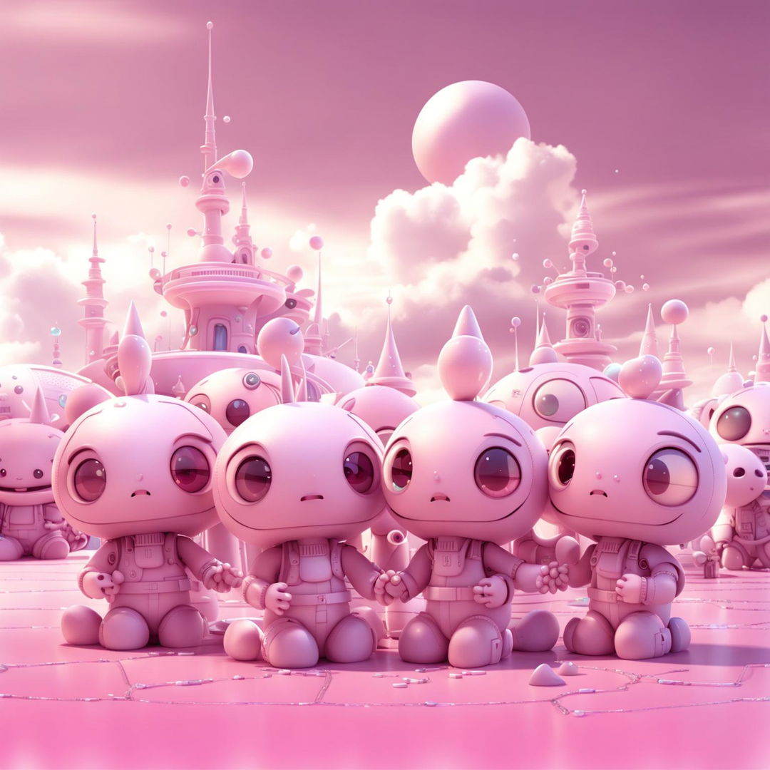 Digital art of kawaii-style pink aliens in a pastel-colored alien landscape.