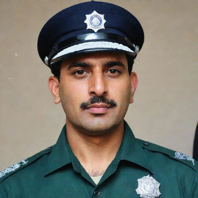 A Sindh police officer in active duty uniform, proudly displaying a badge with the name 'Zameer Teghani'. The officer appears focused, embodying a strong sense of dedication and professionalism.