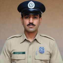 A Sindh police officer in active duty uniform, proudly displaying a badge with the name 'Zameer Teghani'. The officer appears focused, embodying a strong sense of dedication and professionalism.