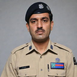 A Sindh police officer in active duty uniform, proudly displaying a badge with the name 'Zameer Teghani'. The officer appears focused, embodying a strong sense of dedication and professionalism.