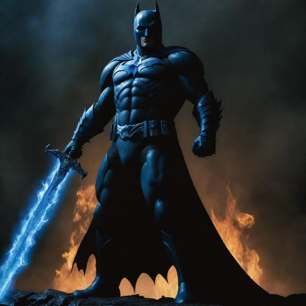 A towering dark knight, with a striking sword of blue flame nestled securely within his firm grasp.