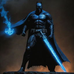 A towering dark knight, with a striking sword of blue flame nestled securely within his firm grasp.