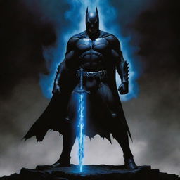 A towering dark knight, with a striking sword of blue flame nestled securely within his firm grasp.