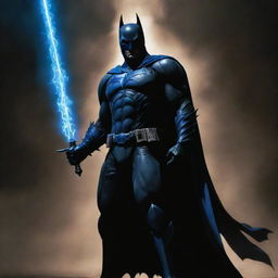 A towering dark knight, with a striking sword of blue flame nestled securely within his firm grasp.