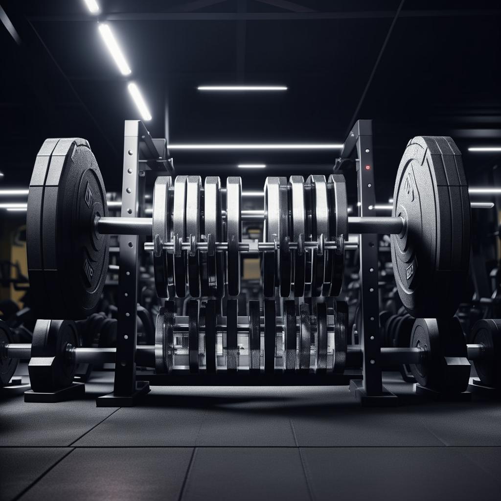 Further enhance the image to display the gym barbell now heavily loaded with numerous 20kg plates on each side, expressing strength and intensity.