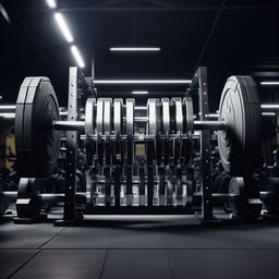 Further enhance the image to display the gym barbell now heavily loaded with numerous 20kg plates on each side, expressing strength and intensity.