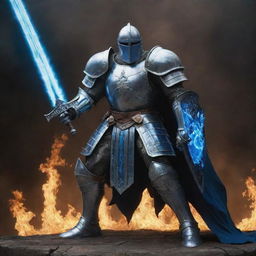 A colossal knight, majestically gripped a sword of dazzling blue flame.