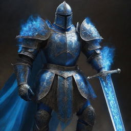 A colossal knight, majestically gripped a sword of dazzling blue flame.