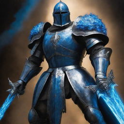 A colossal knight, majestically gripped a sword of dazzling blue flame.