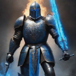 A colossal knight, majestically gripped a sword of dazzling blue flame.