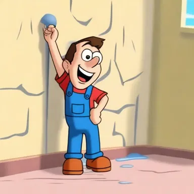 In the cartoon episode, the character uses a sealing material to repair a crack in the wall of their animated house.