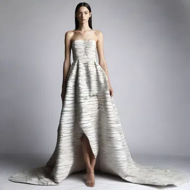 The designer created a stunning dress using unconventional materials, including a sealing material to fill the cracks in the fabric and create a unique texture.