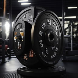 Further enhance the image to display the gym barbell now heavily loaded with numerous 20kg plates on each side, expressing strength and intensity.