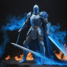 A towering knight, confidently extending a sword engulfed in mesmerizing blue flames in front of him.