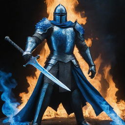 A towering knight, confidently extending a sword engulfed in mesmerizing blue flames in front of him.