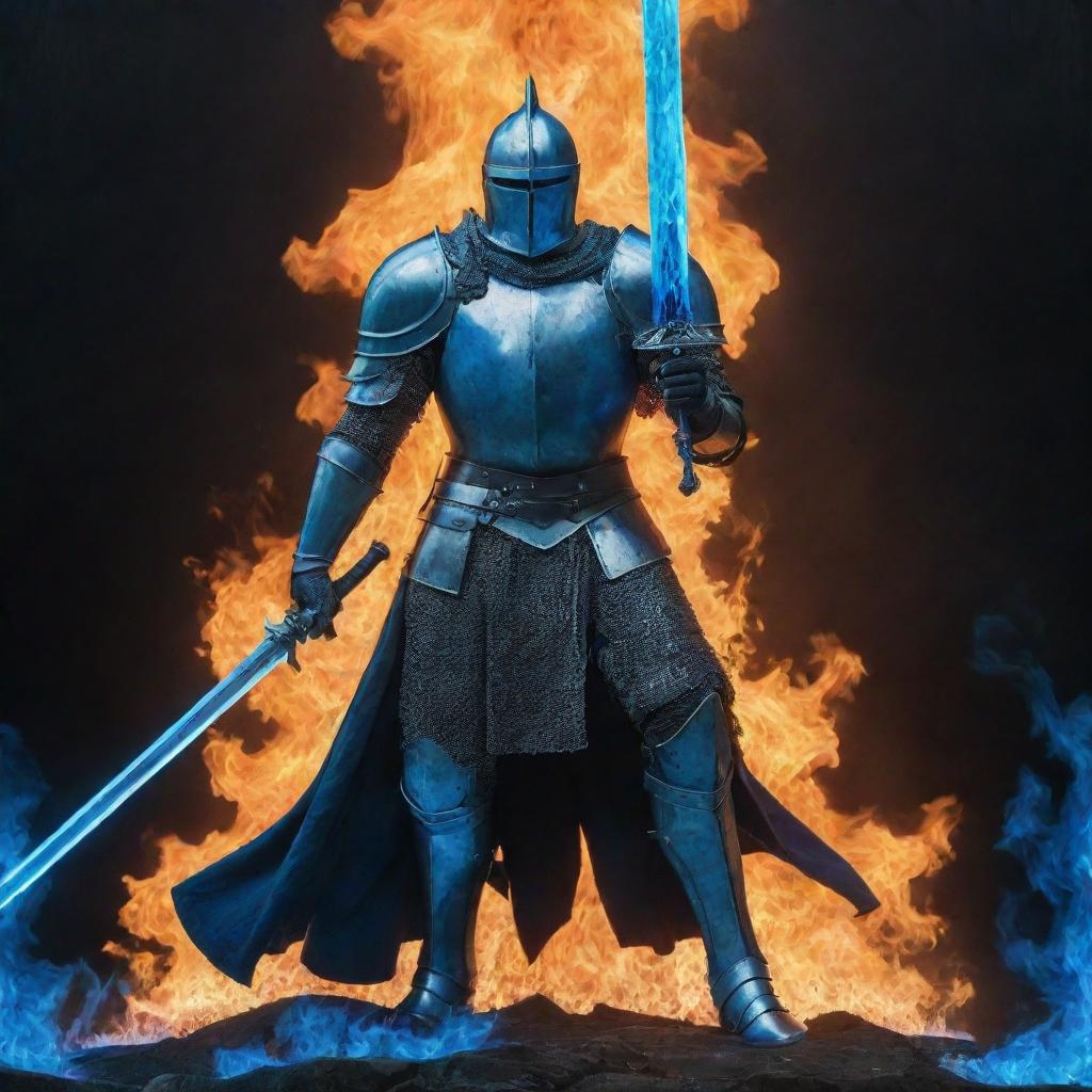 A towering knight, confidently extending a sword engulfed in mesmerizing blue flames in front of him.