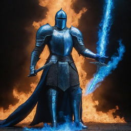 A towering knight, confidently extending a sword engulfed in mesmerizing blue flames in front of him.