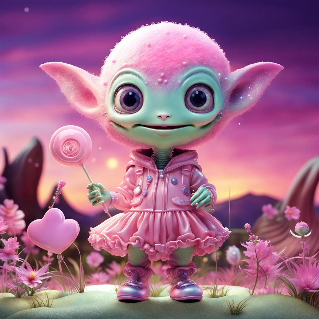 Hyper-realistic digital art of a kawaii-style alien with pastel pink skin, large amethyst eyes, and a friendly smile. Dressed in a fluffy tutu and holographic boots, holding a heart-shaped lollipop. Background is an alien landscape with a pastel pink and purple sky.