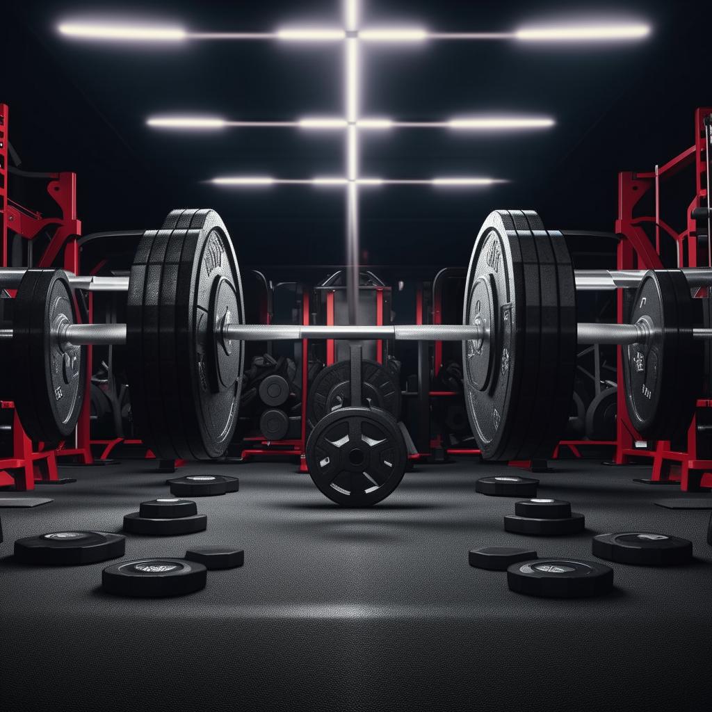 Further enhance the image to display the gym barbell now heavily loaded with numerous 20kg plates on each side, expressing strength and intensity.