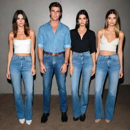 Jacob Elordi, donning high-waisted jeans and a formal shirt, appearing taller than ever, poised between the tall and gorgeous Kendall Jenner and Gigi Hadid. All three display luxurious fashion and an undeniable height advantage.