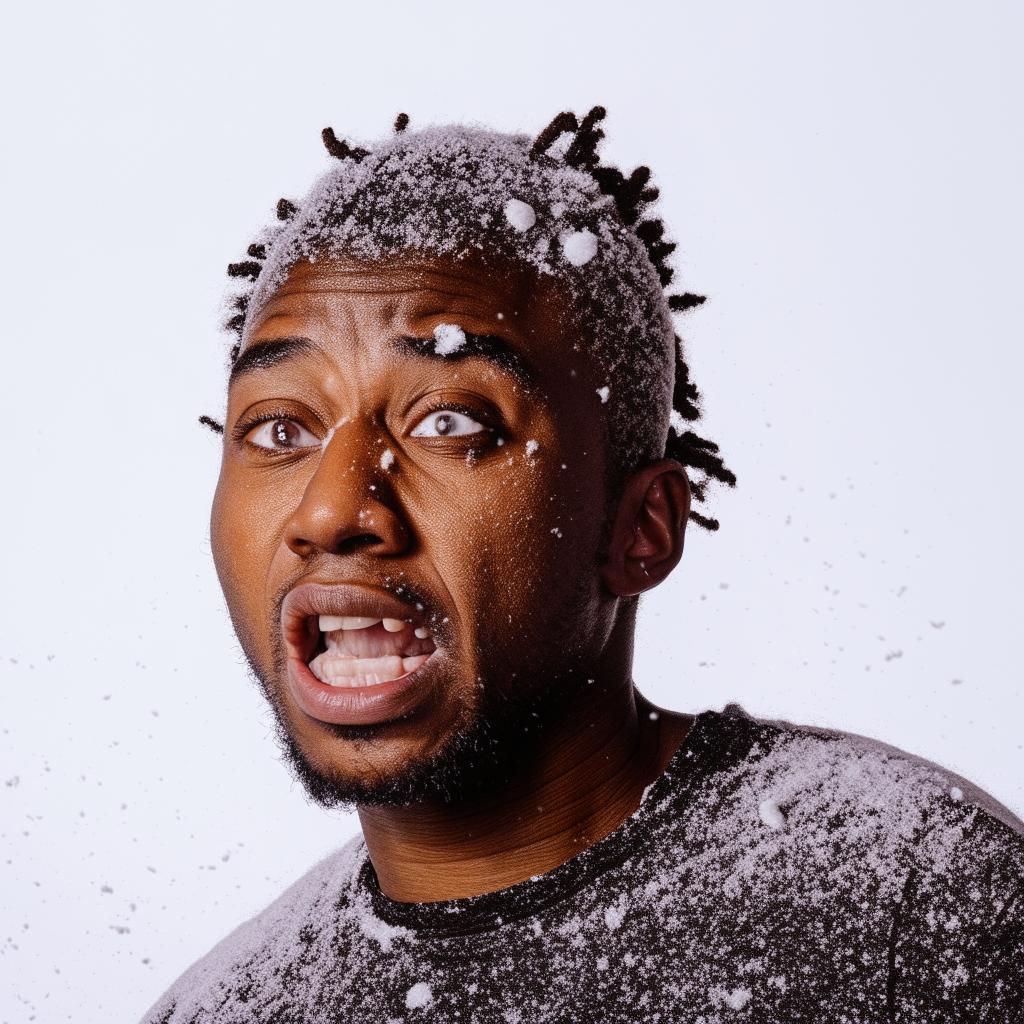 Alter the portrait of the black man with snow on his face, adjusting his expression to a manic and crazed look