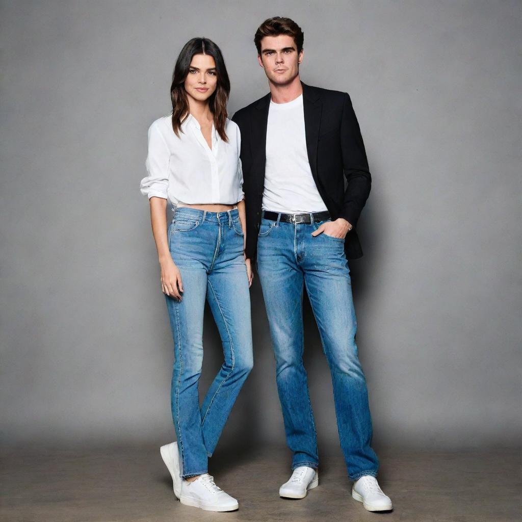 Jacob Elordi, the tall actor styled in high-waisted jeans and a formal shirt, standing next to the equally tall and fashionable Kendall Jenner. Their shared towering presence and trendy attire culminate in a compelling image.