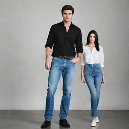 Jacob Elordi, the tall actor styled in high-waisted jeans and a formal shirt, standing next to the equally tall and fashionable Kendall Jenner. Their shared towering presence and trendy attire culminate in a compelling image.