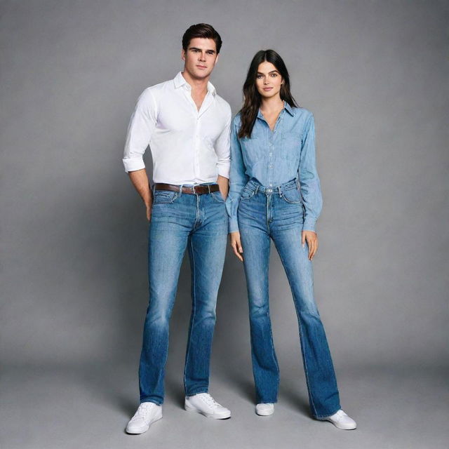 Jacob Elordi, the tall actor styled in high-waisted jeans and a formal shirt, standing next to the equally tall and fashionable Kendall Jenner. Their shared towering presence and trendy attire culminate in a compelling image.