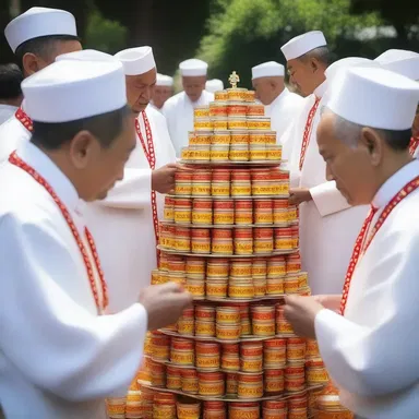 During the religious ceremony, the priests offered canned food as a symbol of sustenance and blessings from the divine.