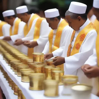 During the religious ceremony, the priests offered canned food as a symbol of sustenance and blessings from the divine.