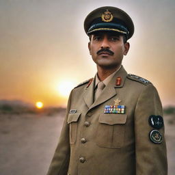 A brave Captain in the Pakistan Army, confidently commanding his troops. The Captain stands tall, bathed in the glow of dawn light. His troops, all clad in professional military gear, showcase unwavering loyalty and discipline.