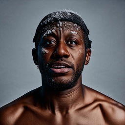 Alter the portrait of the black man with snow on his face, adjusting his expression to a manic and crazed look