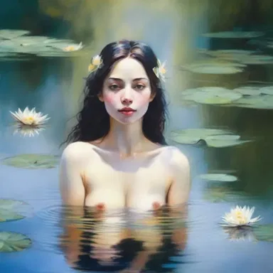 The artist painted a beautiful portrait of a water nymph gracefully swimming in a tranquil pond.