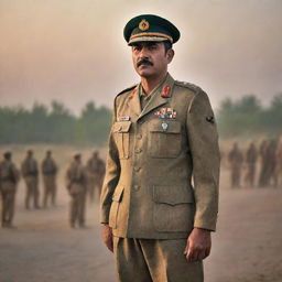 A brave Captain in the Pakistan Army, confidently commanding his troops. The Captain stands tall, bathed in the glow of dawn light. His troops, all clad in professional military gear, showcase unwavering loyalty and discipline.