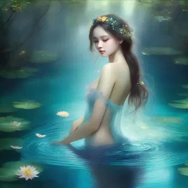 The water nymph emerged from the depths of the enchanted lake, sparkling with ethereal beauty.