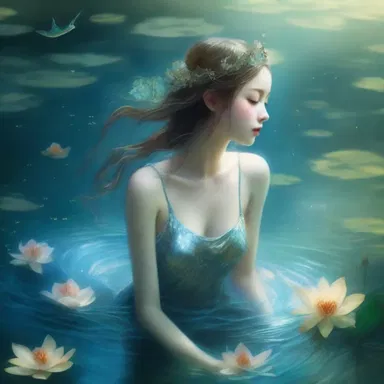 The water nymph emerged from the depths of the enchanted lake, sparkling with ethereal beauty.