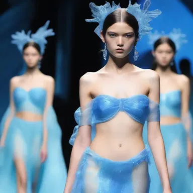 The fashion show featured models dressed as water nymphs, adorned with flowing blue gowns and shimmering accessories.