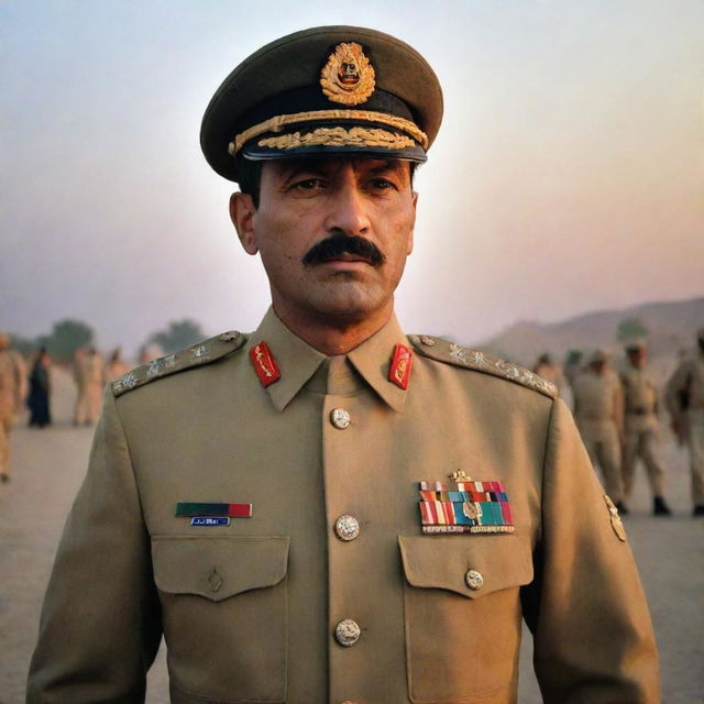 A brave Captain in the Pakistan Army, confidently commanding his troops. The Captain stands tall, bathed in the glow of dawn light. His troops, all clad in professional military gear, showcase unwavering loyalty and discipline.